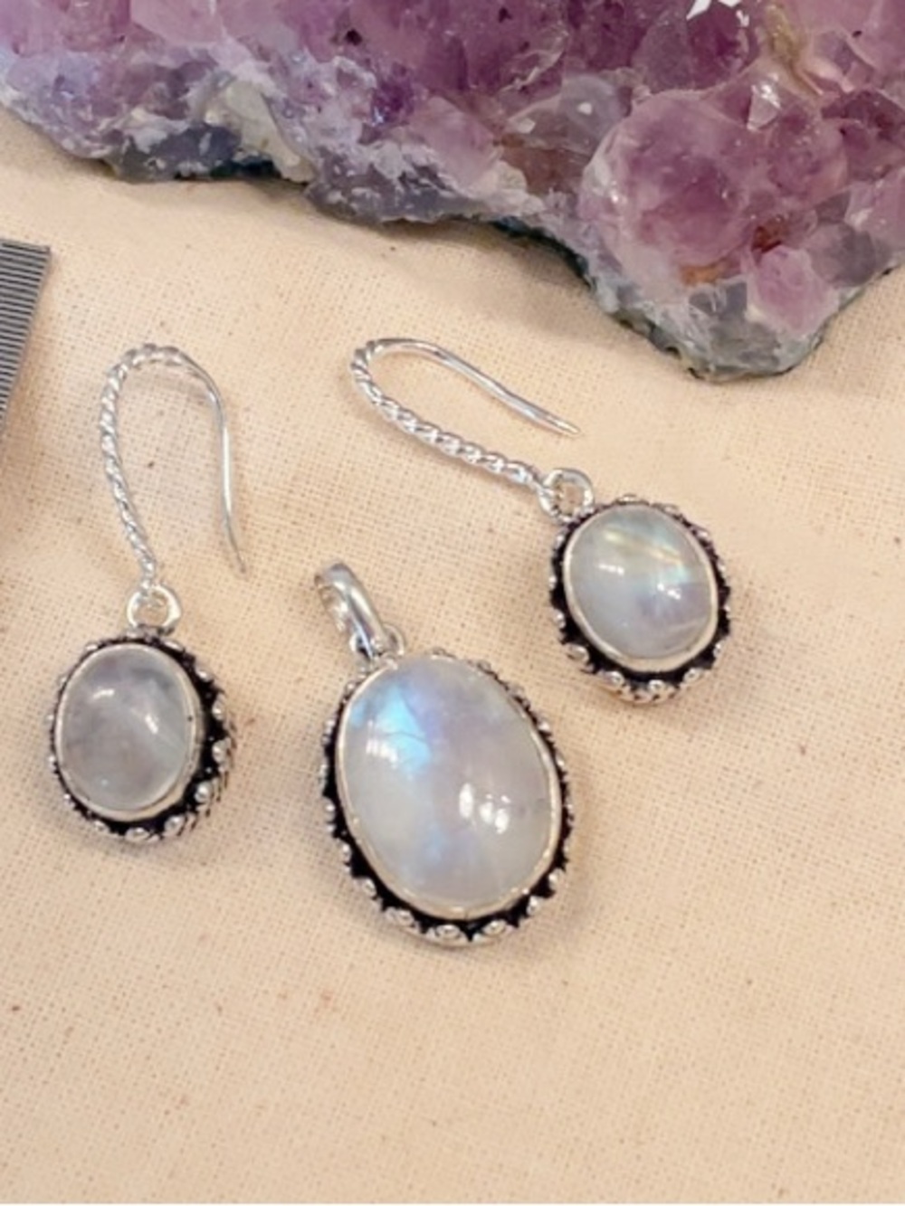 New Rainbow Moonstone Earrings Pendant in Sterling Silver 925K
